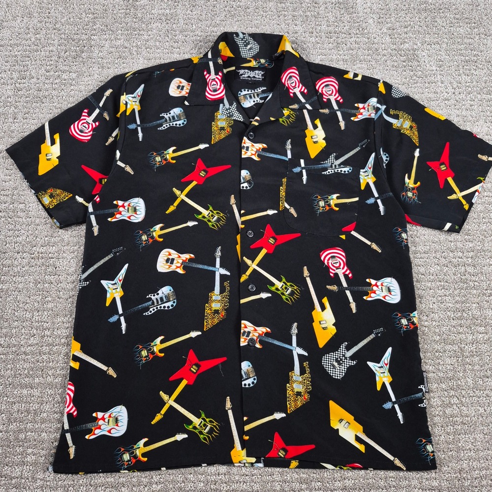 Dragonfly Clothing Co Shirt Mens L Black Electric Guitar Flame Print Y2K Rocker